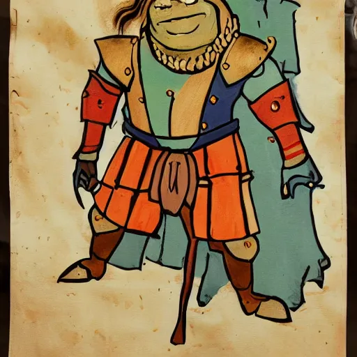 Prompt: medival scroll painting of a Shrek in armour from Shrek the movie