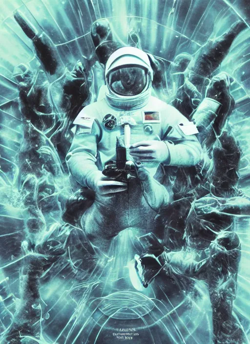 Image similar to astronauts in dark and empty void underwater poster - complex and hyperdetailed technical suit. go pro selfie. reflection and dispersion materials. rays and dispersion of light. volumetric light. 5 0 mm, f / 3 2. noise film photo. flash photography. ultra realistic. poster by wayne barlowe, hajime sorayama aaron horkey, craig mullins