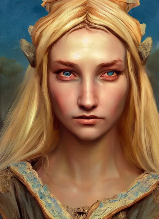 Image similar to blonde peasant woman, fantasy, medieval, vivid colors, fantasy, elegant, concept art, sharp focus, beautiful face!!, digital art, hyper - realistic, 4 k, unreal engine, highly detailed, hd, dramatic lighting by brom, trending on artstation