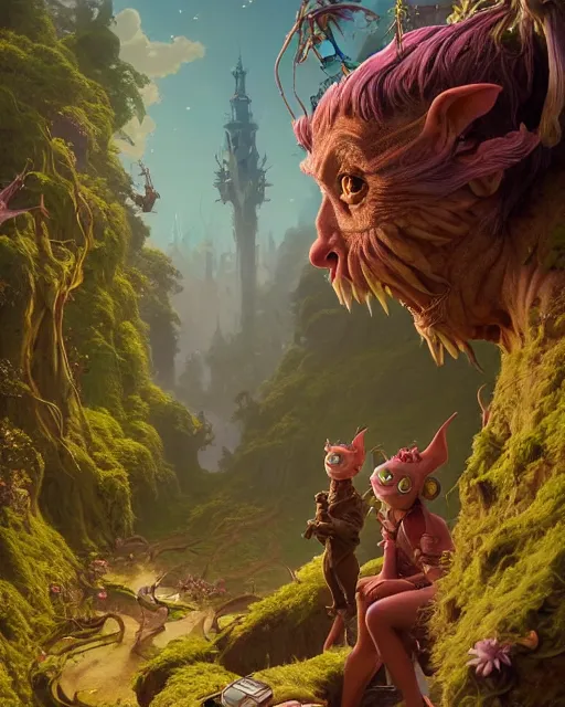 Image similar to highly detailed surreal vfx portrait of a fearless goblins in a fairytale world, stephen bliss, unreal engine, greg rutkowski, loish, rhads, beeple, makoto shinkai and lois van baarle, ilya kuvshinov, rossdraws, tom bagshaw, alphonse mucha, global illumination, detailed and intricate environment