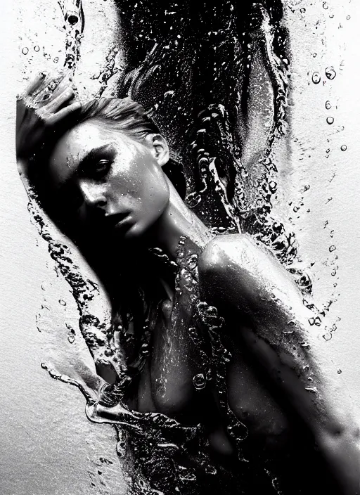 Prompt: sensual wet fashion model in soda water, in the style of irakli nadar, liquid metal top, effervescent, warm, dark, brooding, poster art, high detail, hyperrealistic watercolor, deep mood, hyperrealism, 3 d, epic and cinematic, roger deakins on cinematography