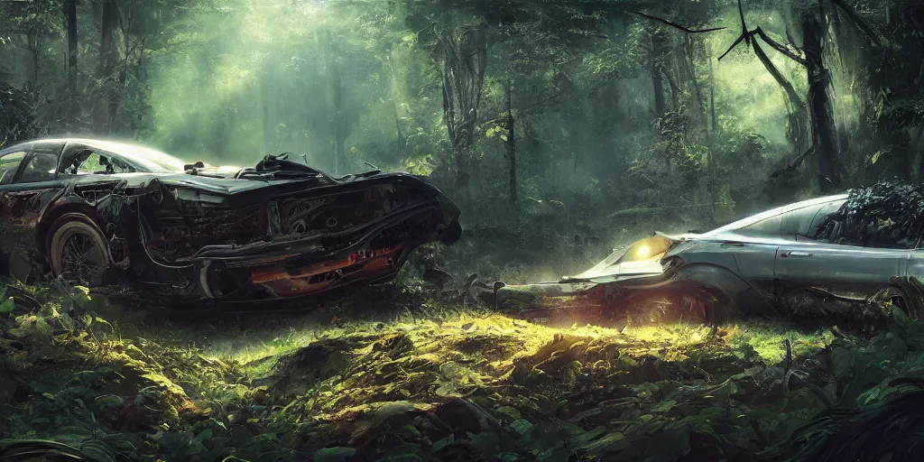 Image similar to Intricate detailed illustration, A crashed tesla being reclaimed by lush jungle, cinematic lighting, by Sparth and Greg Rutkowski, wide angle, volumetric light scattering, 8k, artstation, concept art,