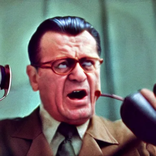 Prompt: 60s movie still close portrait of Josip Broz Tito yelling at the UN tribune, cinestill 800t 120mm eastmancolor, cinematic, very detailed, skin texture, high quality