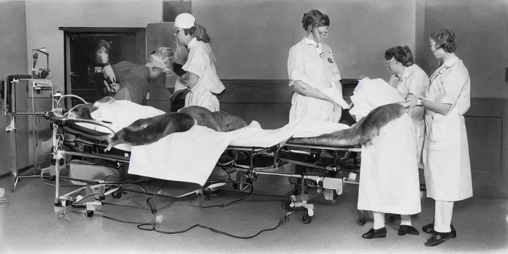 Image similar to photograph of hamster on a hospital bed being attended to by a hamster nurse, black and white photo