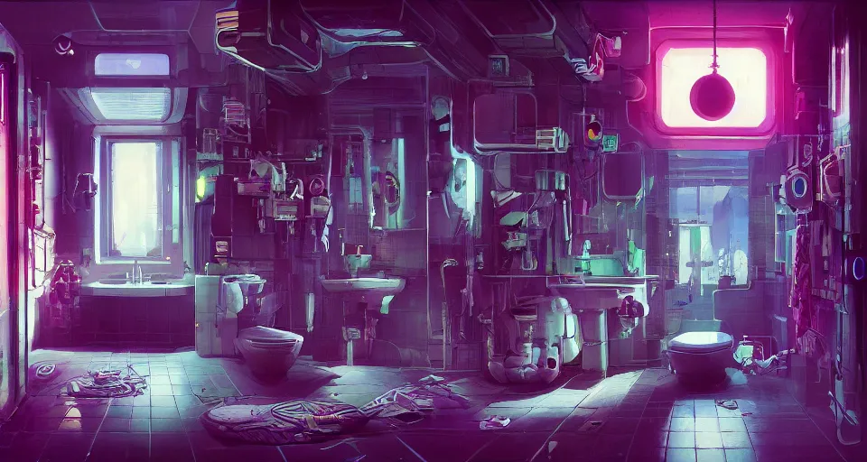 Image similar to IKEA catalogue photo of a cyberpunk bathroom, by Paul Lehr, 8k, HD, realistic, cinematic, artstation, details