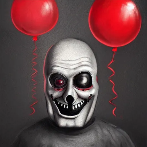 Prompt: surrealism grunge cartoon portrait sketch of death vader with a wide smile and a red balloon by - michael karcz, loony toons style, freddy krueger style, horror theme, detailed, elegant, intricate