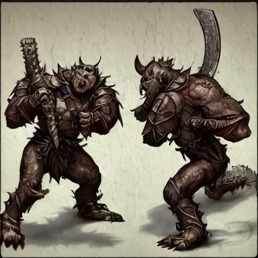 Prompt: raging armored bugbear wielding rusty cleaver grappling gnoll wayne reynolds