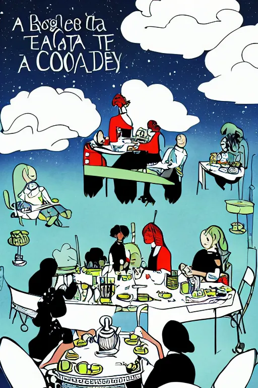 Image similar to a tea party in the clouds, graphic novel, high contrast