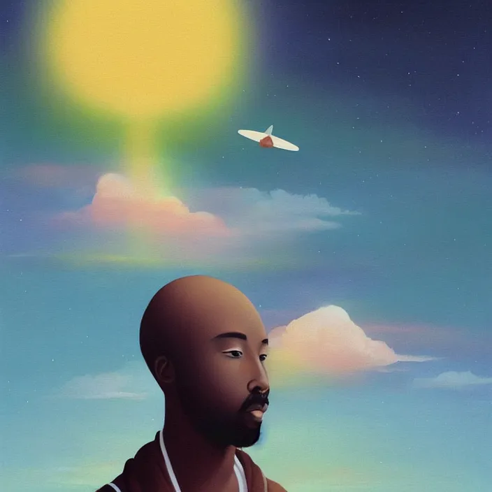 Image similar to UFO hovering over an African Jesus , clouds, colorful, painting by Hsiao-Ron Cheng,