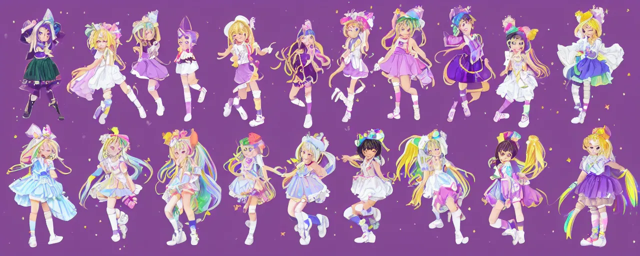 Prompt: A character sheet of full body cute magical girls with short blond hair wearing an oversized purple Beret, Purple overall shorts, Short Puffy pants made of silk, pointy jester shoes, a big billowy scarf, and white leggings. Rainbow accessories all over. Flowing fabric. Ruffles and Bows. Petticoat. Covered in stars. Short Hair. Art by Johannes Helgeson and william-adolphe bouguereau and Paul Delaroche and Alexandre Cabanel and Lawrence Alma-Tadema and WLOP and Artgerm and Shoichi Aoki. Fashion Photography. Decora Fashion. harajuku street fashion. Kawaii Design. Intricate, elegant, Highly Detailed. Smooth, Sharp Focus, Illustration Photo real. realistic. Hyper Realistic. Sunlit. Moonlight. Dreamlike. Fantasy Concept Art. Surrounded by clouds. 4K. UHD. Denoise.