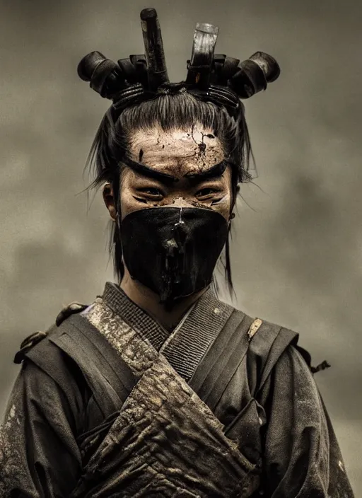 Image similar to samurai portrait photo, wearing all black mempo mask, after a battle, war scene, dirt and unclean, extreme detail, cinematic, dramatic lighting render, extreme photorealism photo by national geographic, hendrick kerstens, masterpiece