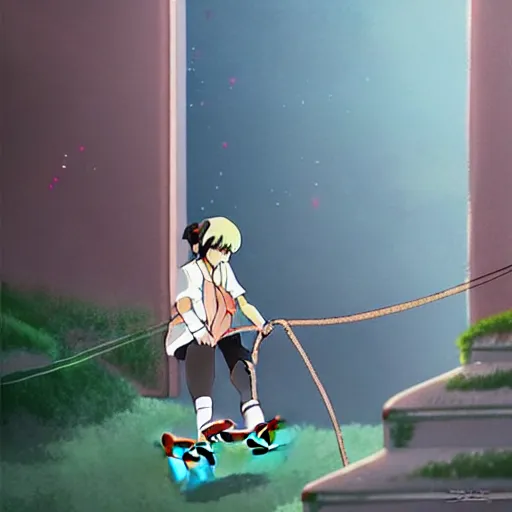 Prompt: a beautiful movie still in the style of Studio Ghibli anime showing a female skateboarder spray painting on an abandonned building in Los Angeles. Studio Ghibli, trending on artstation, trending on behance