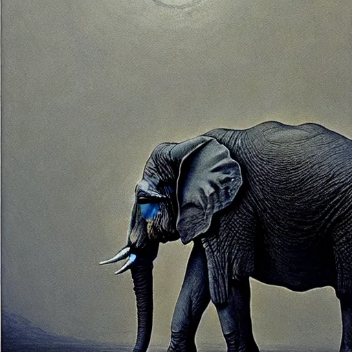 Image similar to a line of giant elephant painting by beksinski, barlowe colors. masterpiece painting