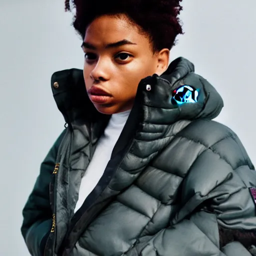 Image similar to realistic! photoshoot for a new the north face lookbook, color film photography, portrait of a beautiful woman wearing a puffer jacket, photo in style of tyler mitchell, 35mm