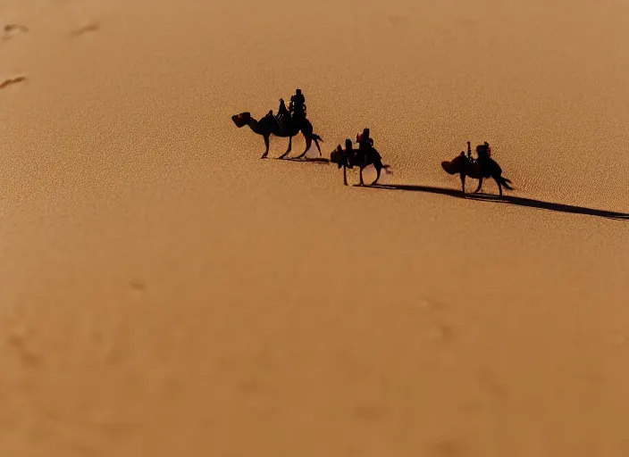 Image similar to a 2 8 mm macro tilt shift view of a camel caravan crossing sand dunes in the desert with the afternoon sun, photography, film, film grain, canon 5 0 mm, cinematic lighting, golden hour, sandstorm,