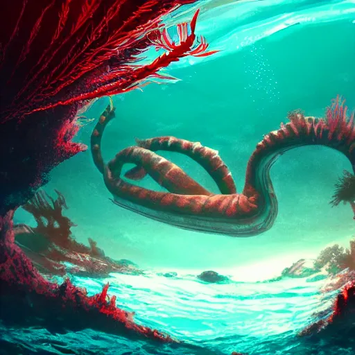 Image similar to underwater view of a strange alien world, some washed out red and green plant life, giant leviathan swimming far in the background, deep blue sea color, artstation