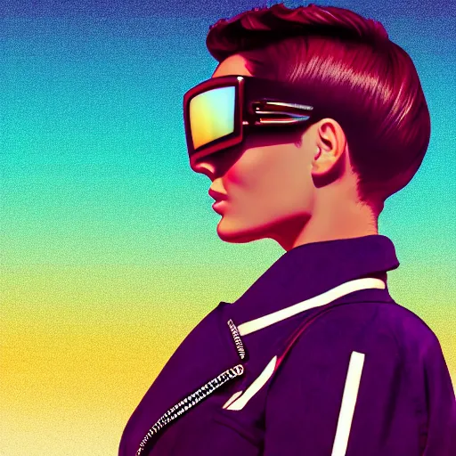 Image similar to a woman with light blue shutter shades in front of a sunset, a dark brown leather jacket, one side brown haircut with blue tips on the end, vector art by jan tengnagel, pixabay contest winner, retrofuturism, retrowave, synthwave, outrun, portrait, synthwave