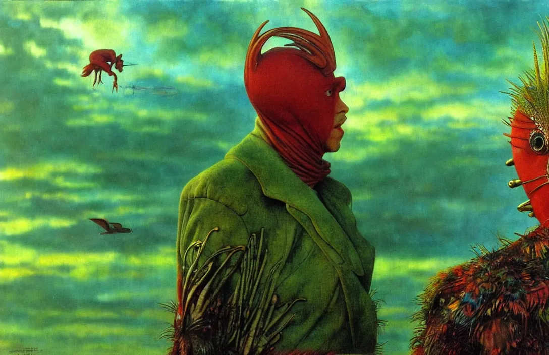 Prompt: realistic detailed portrait movie shot of a birdman wearing green leather coat, sci fi city sunset landscape background by denis villeneuve, amano, yves tanguy, alphonse mucha, ernst haeckel, max ernst, roger dean, masterpiece, rich moody colours, blue eyes