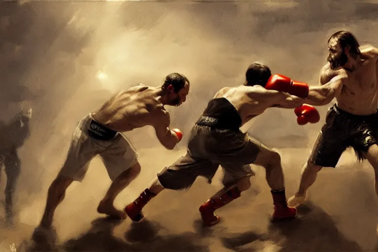 Image similar to jesus christ boxing with vladimir putin, fist fight, detailed faces, putin face, in battle by anders zorn, wonderful masterpiece by greg rutkowski, beautiful cinematic light, by greg manchess, jessica rossier