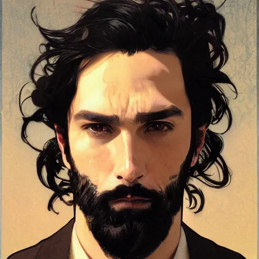 Prompt: portrait of a man with black hair and beard, looking directly into the camera, background is complete chaos, sharp focus, illustration, art by greg rutkowski and alphonse mucha''