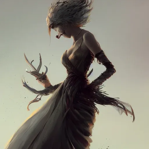 Image similar to a woman with dress balancing with wind, highly detailed, illustration, fantasy art, in the style of greg rutkowski, epic, fantasy, intricate, hyper detailed, artstation, concept art, smooth, sharp focus, ray tracing