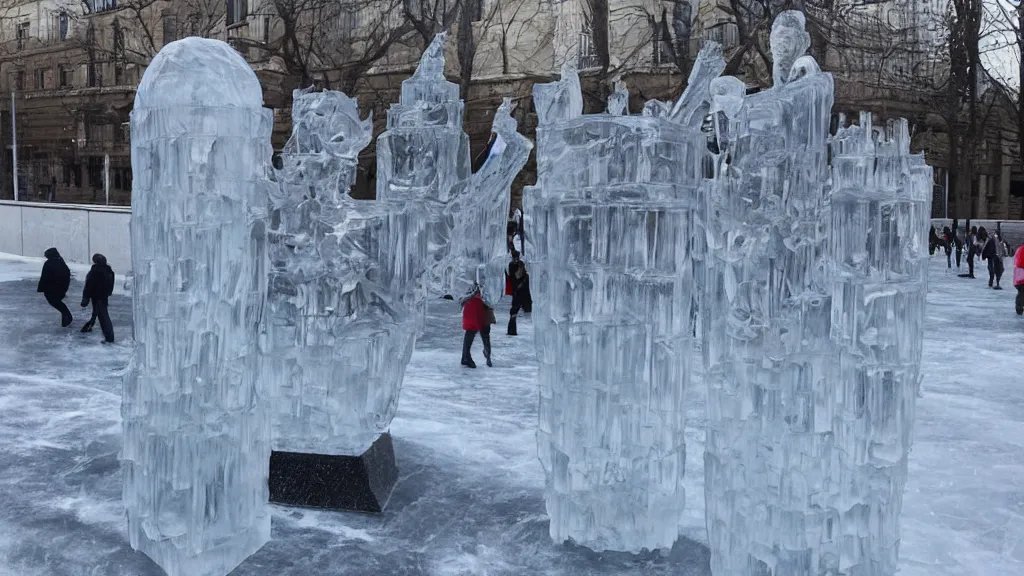 Prompt: a highly detailed sculpture of a super hero made of ice, people are ice skating around it, ice rinks, elegant.