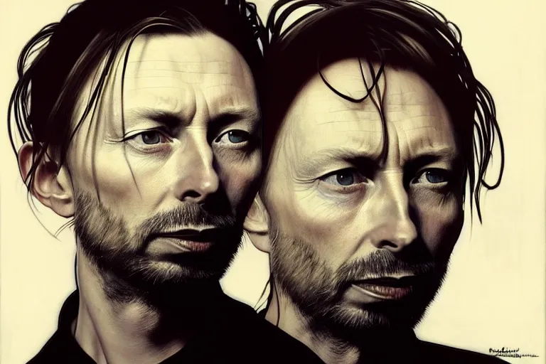 Prompt: hyper realistic portrait of thom yorke tilda swildon, bigger forehead, bigger chin, from the side, by lee bermejo, alphonse mucha and greg rutkowski