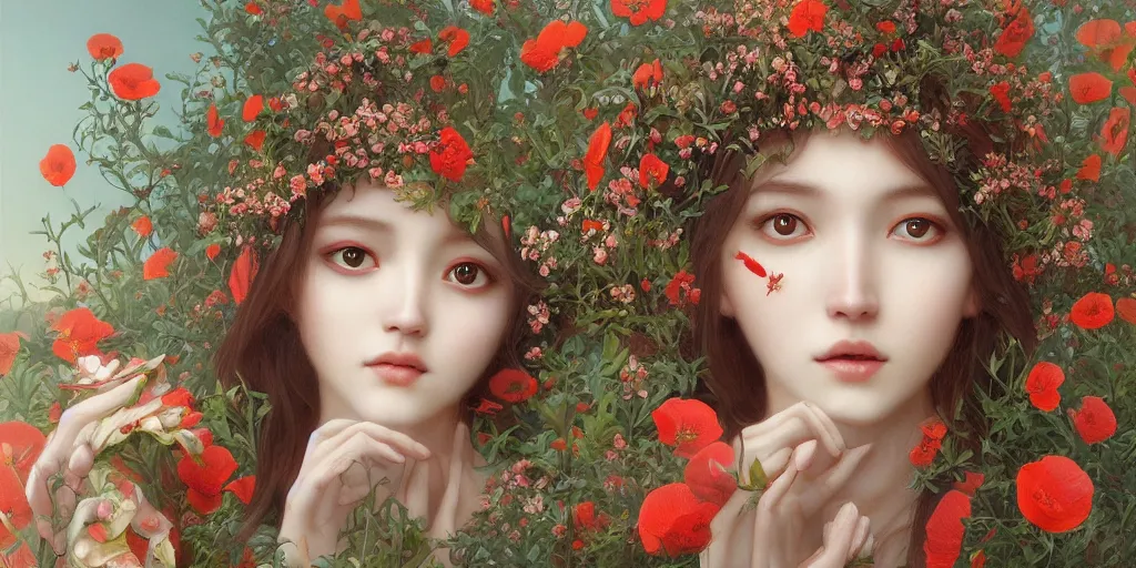 Image similar to breathtaking detailed concept art painting of the goddess of poppy flower, orthodox saint, with anxious, piercing eyes, ornate background, amalgamation of leaves and flowers, by hsiao - ron cheng and john james audubon and miho hirano, extremely moody lighting, 8 k