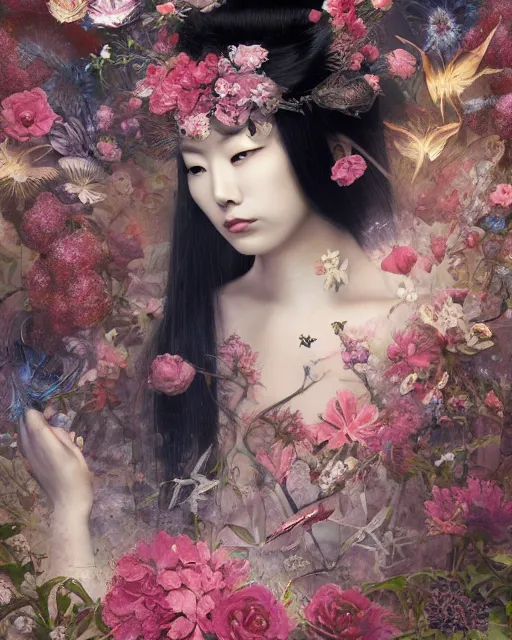 Image similar to portrait of the japanese queen of the underworld, surrounded by flowers by karol bak, james jean, tom bagshaw, rococo, sharp focus, trending on artstation, cinematic lighting, hyper realism, octane render, 8 k, hyper detailed.