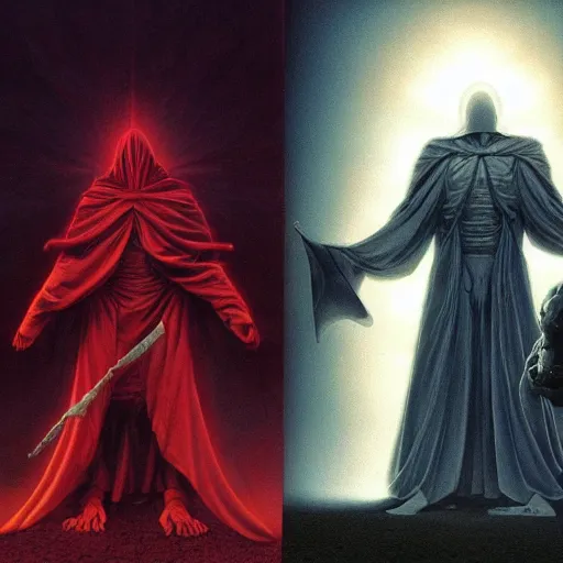 Image similar to A white robed cultist and a golden god in the darkness by Wayne Barlowe
