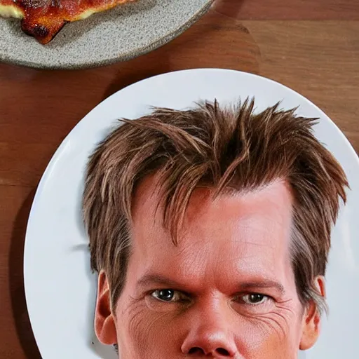 Image similar to kevin bacon as a slice of side bacon on a plate with eggs