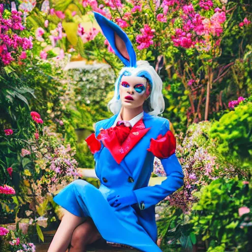 Image similar to a super model wearing a blue suit and a bunny mask, looking feminine and fierce , in the middle of a colorful garden, Alice in wonderland theme, detailed, cinematic lighting, photo in the style of Annie Leibovitz and David lachapelle and Steve meiele