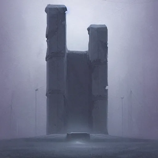 Image similar to ominous and dreadful digital painting of a terrifying demon standing in front of a monumental white monolith in the style of simon stalenhag. overcast, misty. extreme long shot. hd, sci - fi.