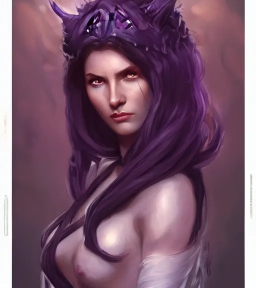 Image similar to Attractive Tiefling Druid, She has light brown skin, dark purple hair, and silver eyes full body, dungeons and dragons portrait, highly detailed, digital painting, artstation, concept art, sharp focus, illustration, art by artgerm and greg rutkowski and alphonse mucha