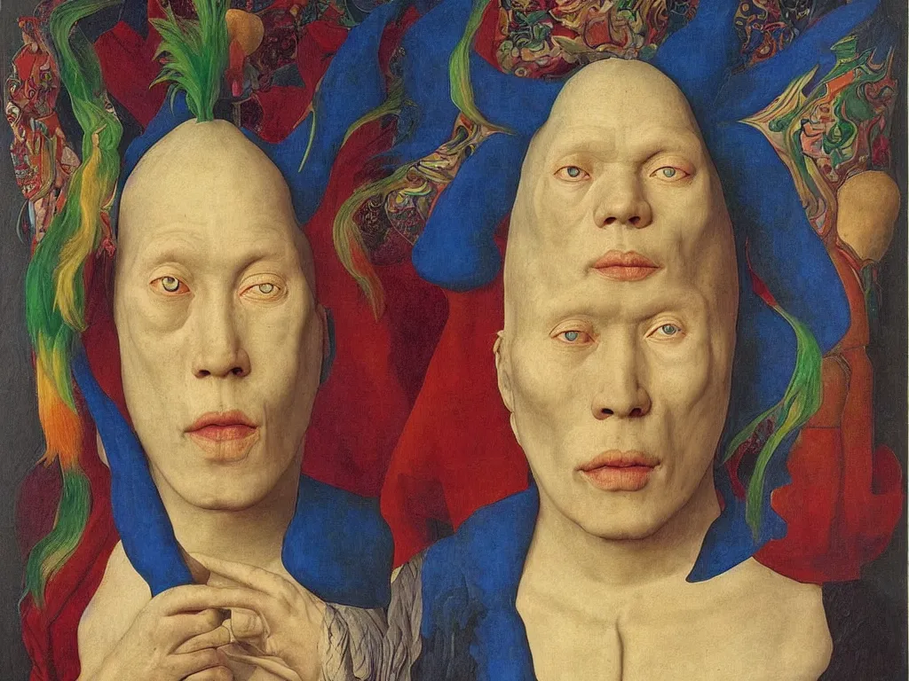 Image similar to Portrait of albino mystic with blue eyes, with beautiful exotic Tibetan shamanic death mask. Painting by Jan van Eyck, Audubon, Rene Magritte, Agnes Pelton, Max Ernst, Walton Ford