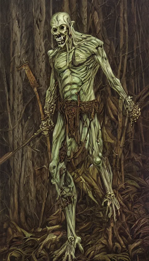 Image similar to painting of undead wight warrior, anatomically correct, forest and cabin, muted colors, night scene, by brom