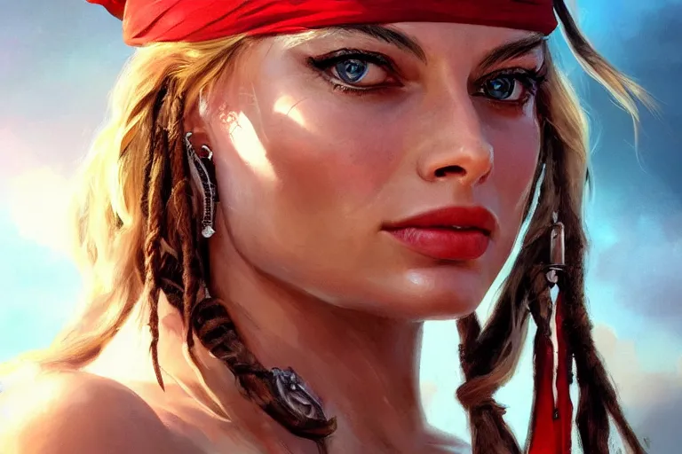 Prompt: beautiful portrait photo of Margot Robbie as Jack Sparrow pirate, elegant, sun shines in the sky, blood in the seahighly, dramatic lighting, detailed, digital painting, artstation, concept art, smooth, sharp focus, illustration, art by artgerm