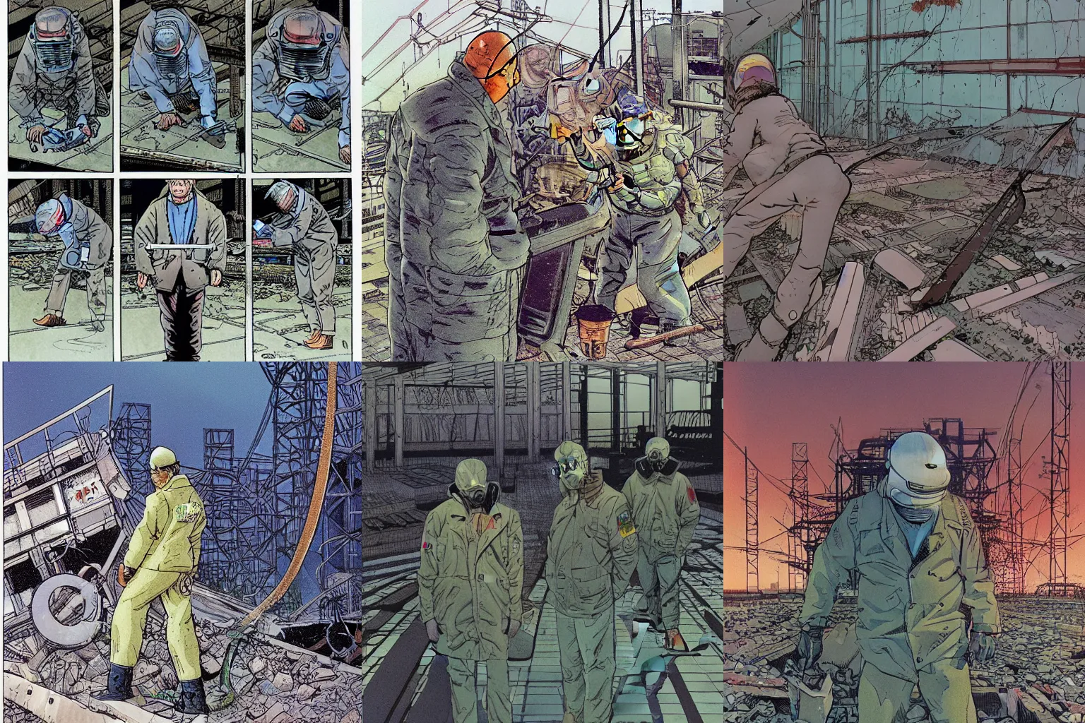 Prompt: liquidators at chernobyl, by moebius, masamune shirow and katsuhiro otomo