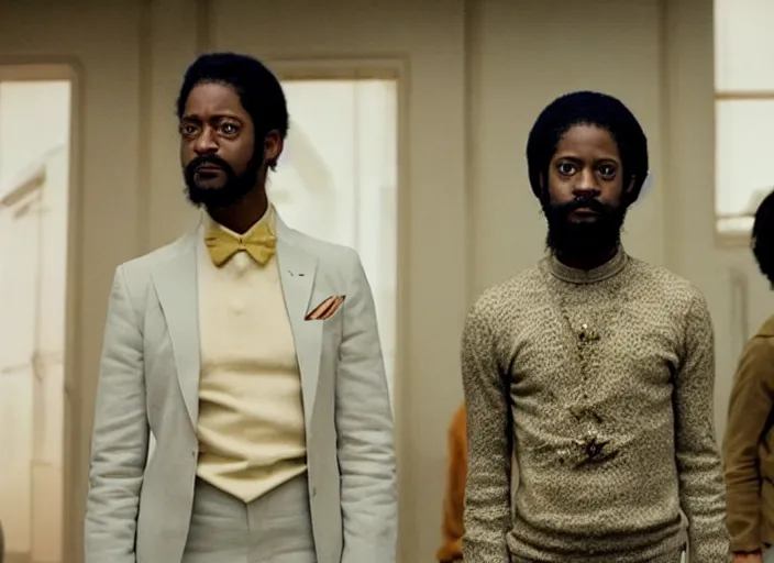 Image similar to first official image from wes anderson's new space opera film starring lakeith stanfield and grimes. shot on alexa mini, stunning cinematography, filmgrain, kodak vision 2 0 0 t, shot composition