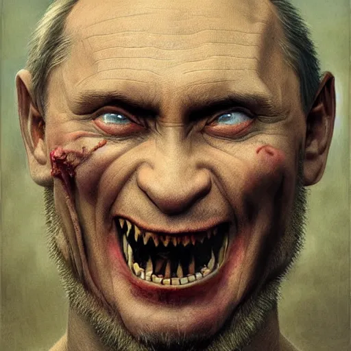 Image similar to vladimir putin, vladimir putin is evil ogre, toothless mutant, horror, macabre by donato giancola and greg rutkowski and wayne barlow and zdzisław beksinski, realistic face, digital art