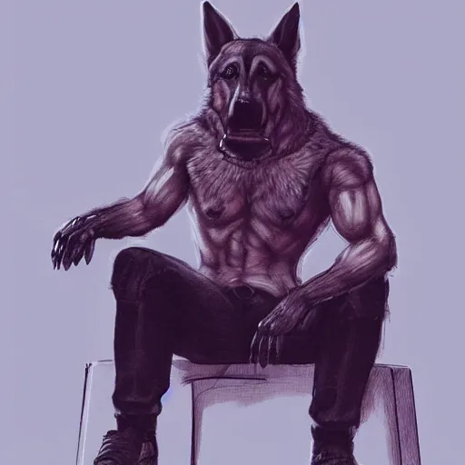 Image similar to a humanoid german shepherd beast - man, sitting on a couch and puts on jeans, artstation, concept art, smooth, sharp foccus ilustration, artstation