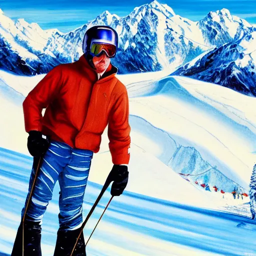 Image similar to Richard Bruce Cheney, skiing, Richard Bruce Cheney wearing acid-washed blue jeans, powder day, epic mountain background, painting