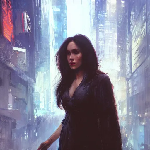 Image similar to megan markle, hyperrealistic portrait, bladerunner street, art of elysium by jeremy mann and alphonse mucha, fantasy art, photo realistic, dynamic lighting, artstation, poster, volumetric lighting, very detailed face, 4 k, award winning