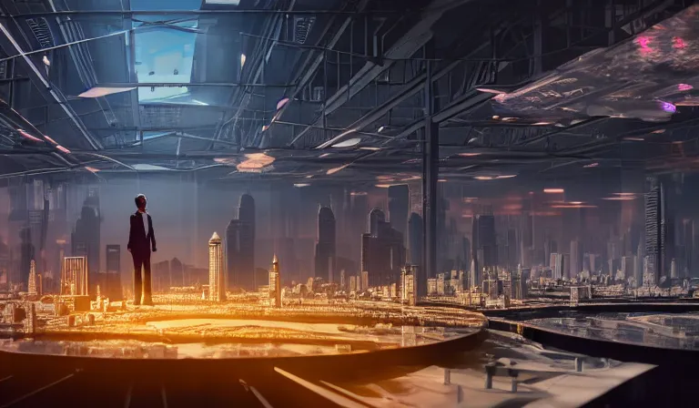 Image similar to group of people in simple warehouse, looking at hologram of futuristic city on a table, cinematic concept art, godrays, golden hour, natural sunlight, 4 k, clear details, tabletop model buildings, center model buildings, hologram center, crane shot, crane shot, crane shot