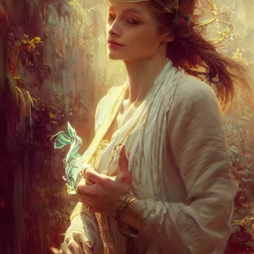 Image similar to woman modestly dressed in linen, fantasy character portrait, ultra realistic, concept art, intricate details, highly detailed by greg rutkowski, gaston bussiere, craig mullins, in style of alphonso mucha