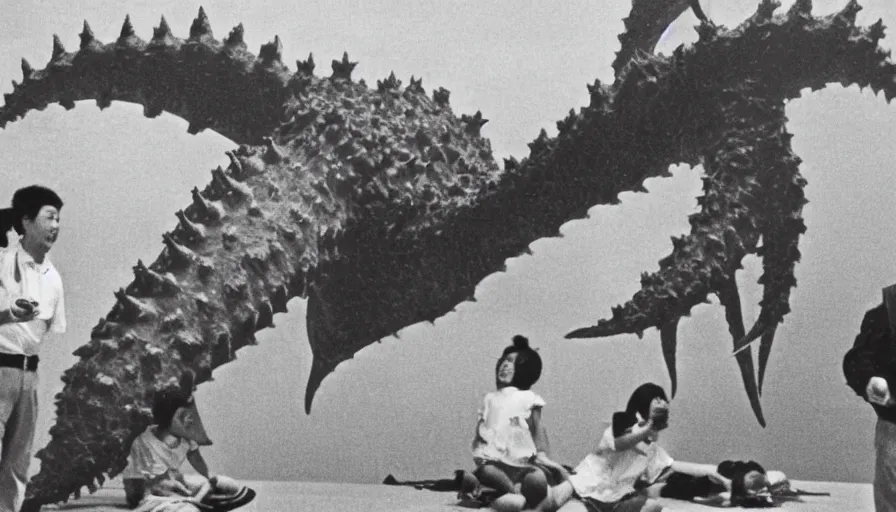 Image similar to rare vintage footage of a giant Kaiju Starfish monster, overshadowing Kim Jong-il, shin sang-ok and Choi Eun-hee escaping, 1985, Pyongyang, obscured underexposed view