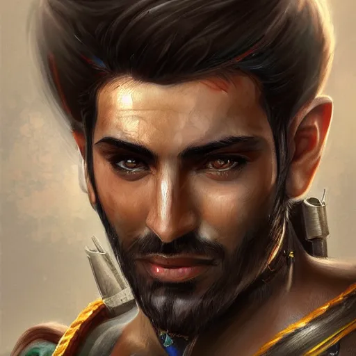 Image similar to kurdish male warrior, highly detailed, digital painting, artstation, concept art, sharp focus, illustration, incredibly strong and handsome