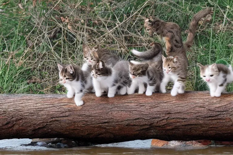 Image similar to kittens walking on a log that crosses a river