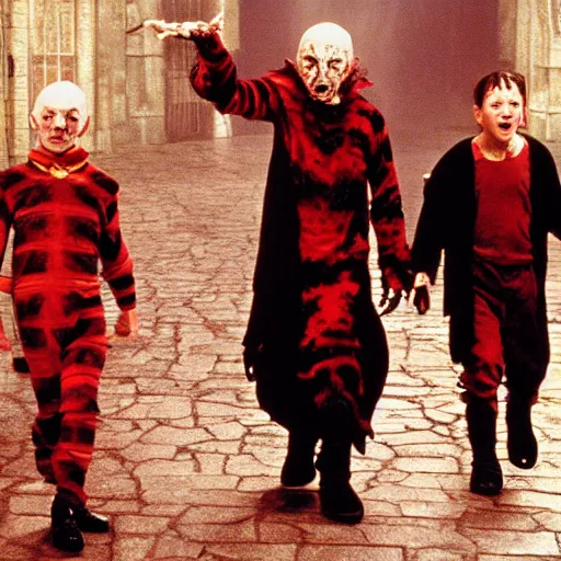 Image similar to film still of Freddy Krueger as Cerberus in Harry Potter the Sorcerer's Stone