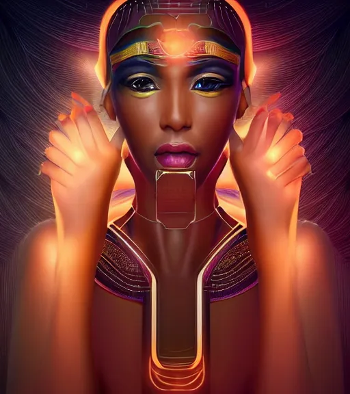 Image similar to symmetry!! egyptian princess of technology, solid cube of light, hard edges, product render retro - futuristic poster scifi, lasers and neon circuits, beautiful brown skin woman egyptian princess, intricate, elegant, highly detailed, digital painting, artstation, concept art, smooth, sharp focus, illustration, dreamlike, art by artgerm